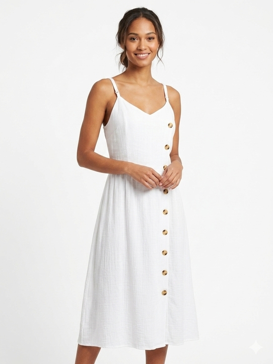 Mlle Gabrielle Dresses & Skirts - White Midi Dress XL Button Front Smocked SunDress Summer Boho Rayon